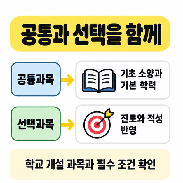 공통과목은 기초 소양과 기본 학력, 선택과목은 진로와 적성을 반영하는 것으로 비교하고 학교 개설 과목과 필수 조건 확인을 안내한 그림.