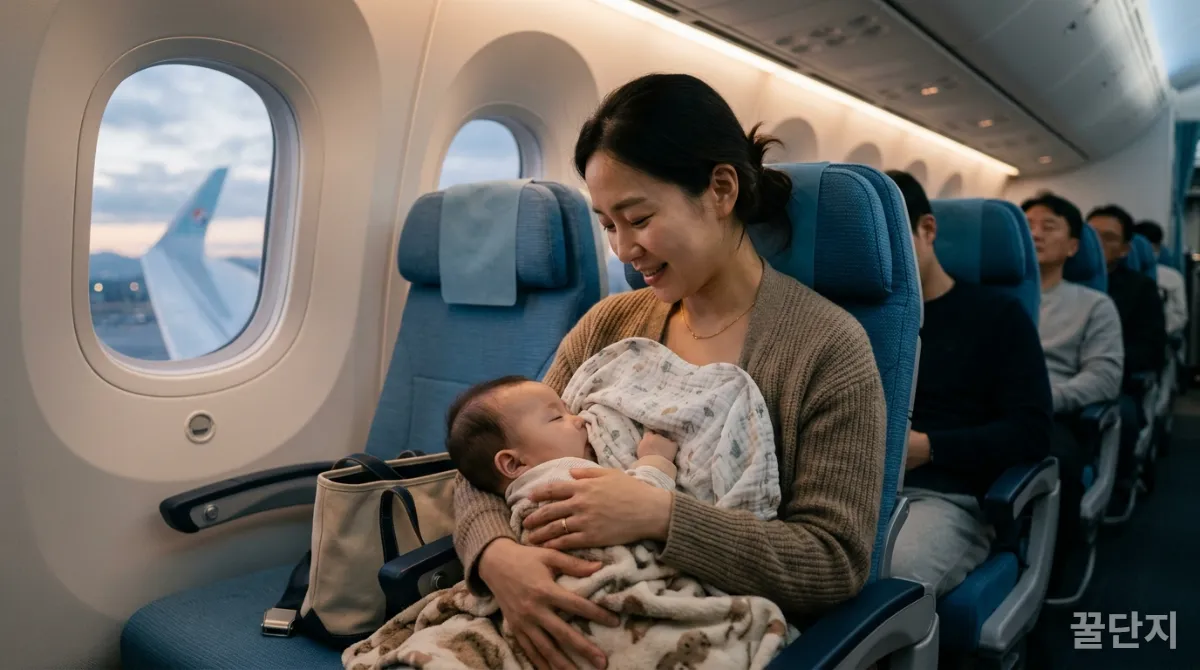 비행기 이착륙 시 아기에게 수유하며 귀 통증을 완화하는 한국인 엄마