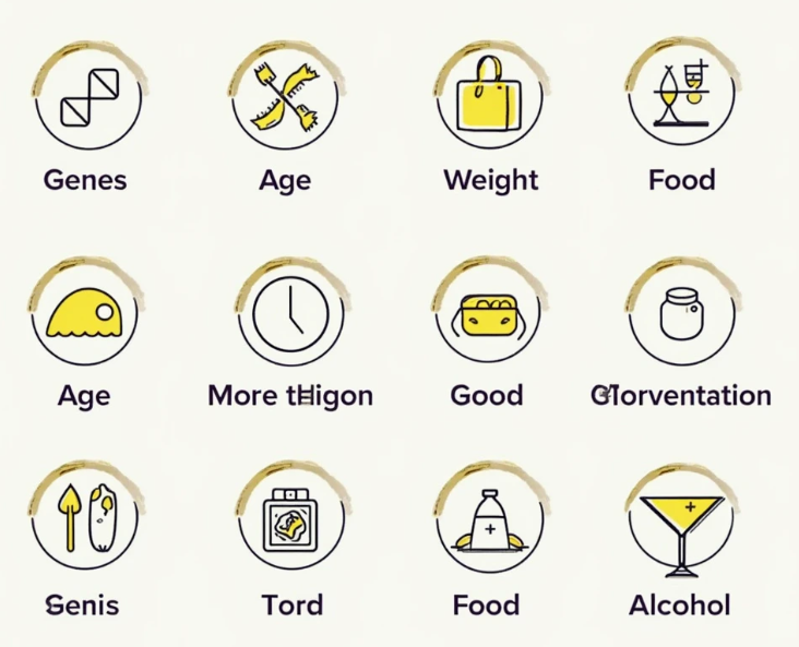 다양한 통풍 위험 요인을 보여주는 인포그래픽. 유전자, 나이, 체중, 음식, 술 등을 아이콘으로 표현