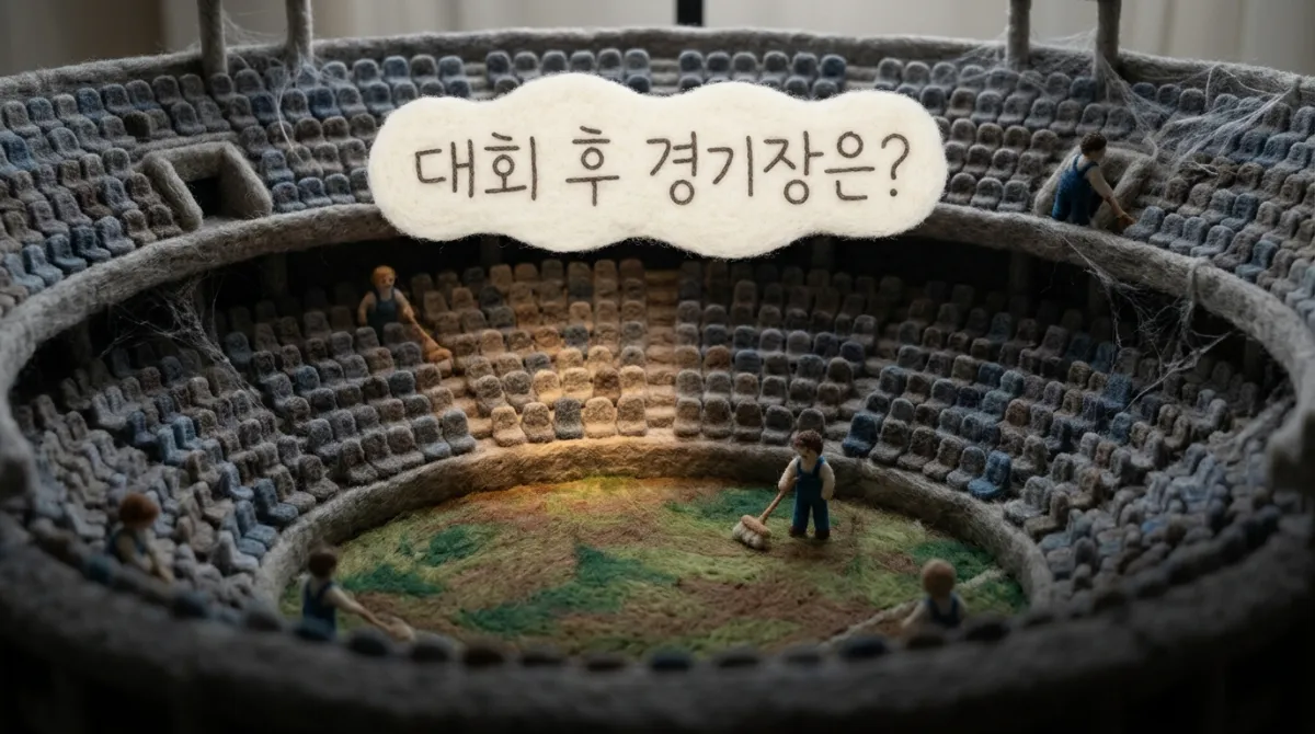 대회 후 비어 있는 대형 경기장과 유지비 문제를 표현한 니들 펠트 이미지