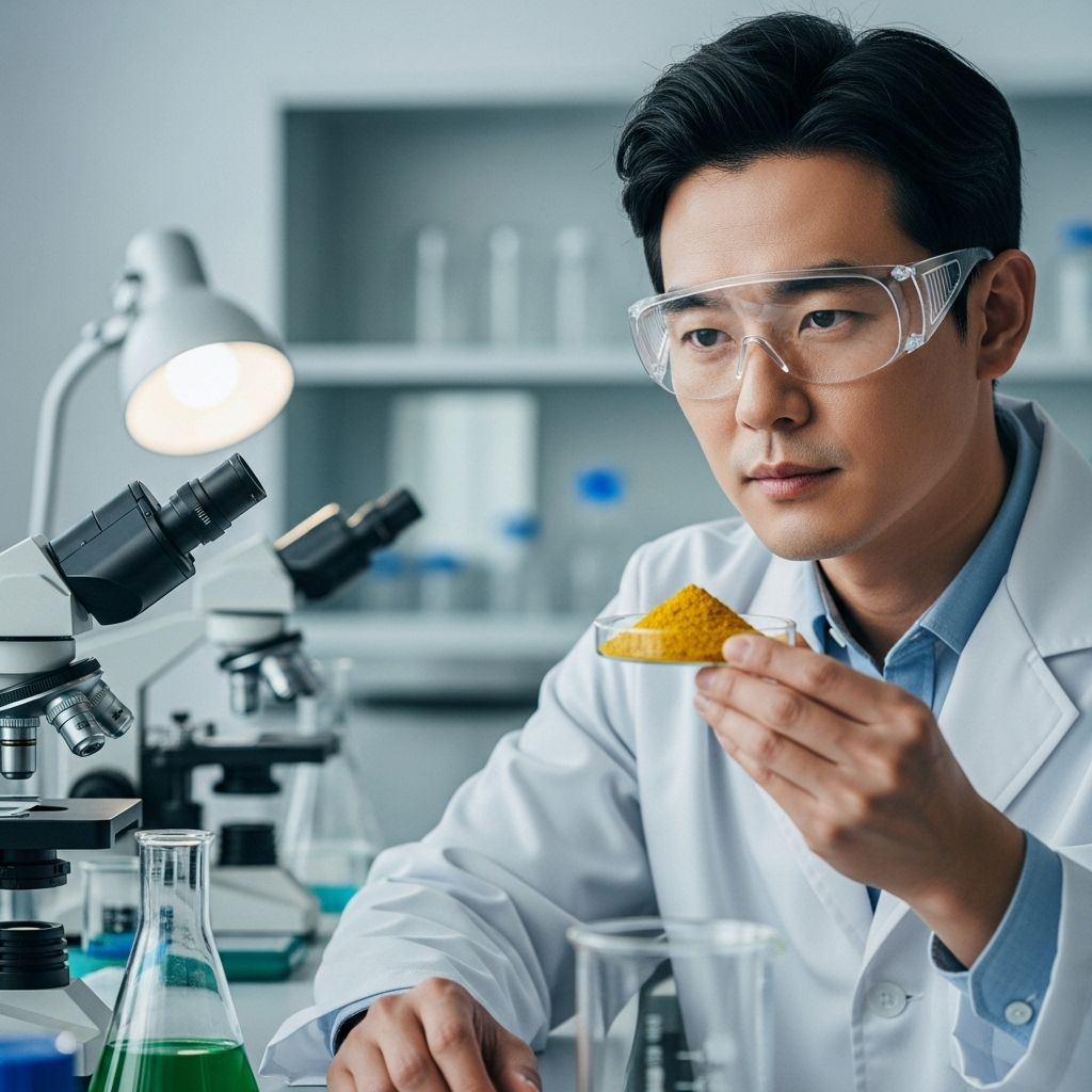 연구실 가운을 입은 한 한국인 연구원이 베르베린 성분이 담긴 노란색 분말을 보며 신중하게 분석하고 있는 모습