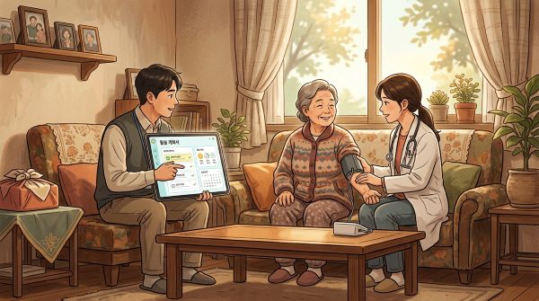 집 안 거실에서 의사, 사회복지사, 어르신이 함께 웃으며 대화하는 모습
