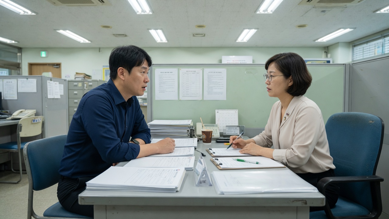 상담 데스크에서 서류를 나누는 사람