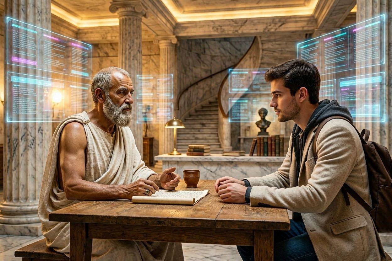 A modern student and the ancient philosopher Socrates engaging in a deep conversation within a futuristic library filled with glowing digital data and marble pillars