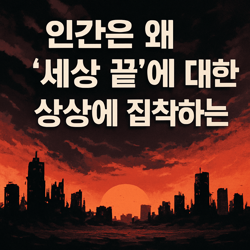 인간은 왜 '세상 끝'에 대한 상상에 집착하는가?"라는 제목이 담긴 디지털 썸네일. 붉은 하늘과 파괴된 도시 배경 위에 강렬한 글자가 삽입된 이미지. 종말적 분위기와 어두운 색감이 특징.