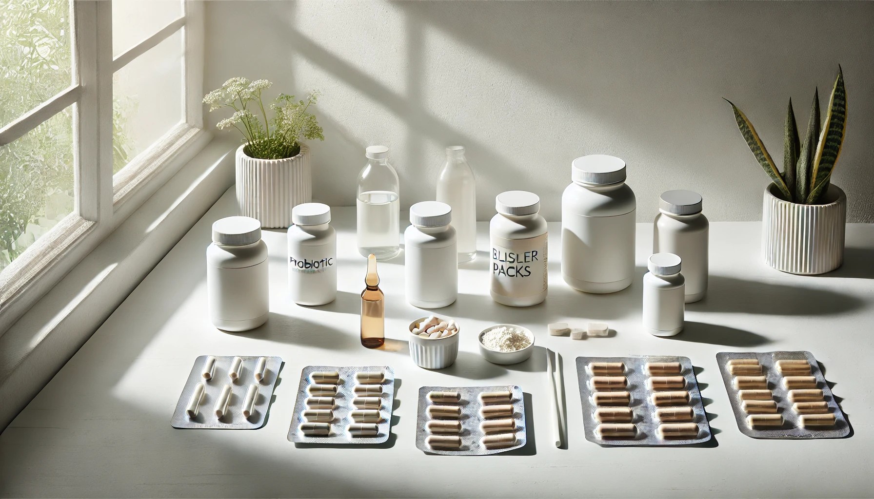 다양한 형태의 유산균 보충제가 깔끔하게 놓여 있는 장면