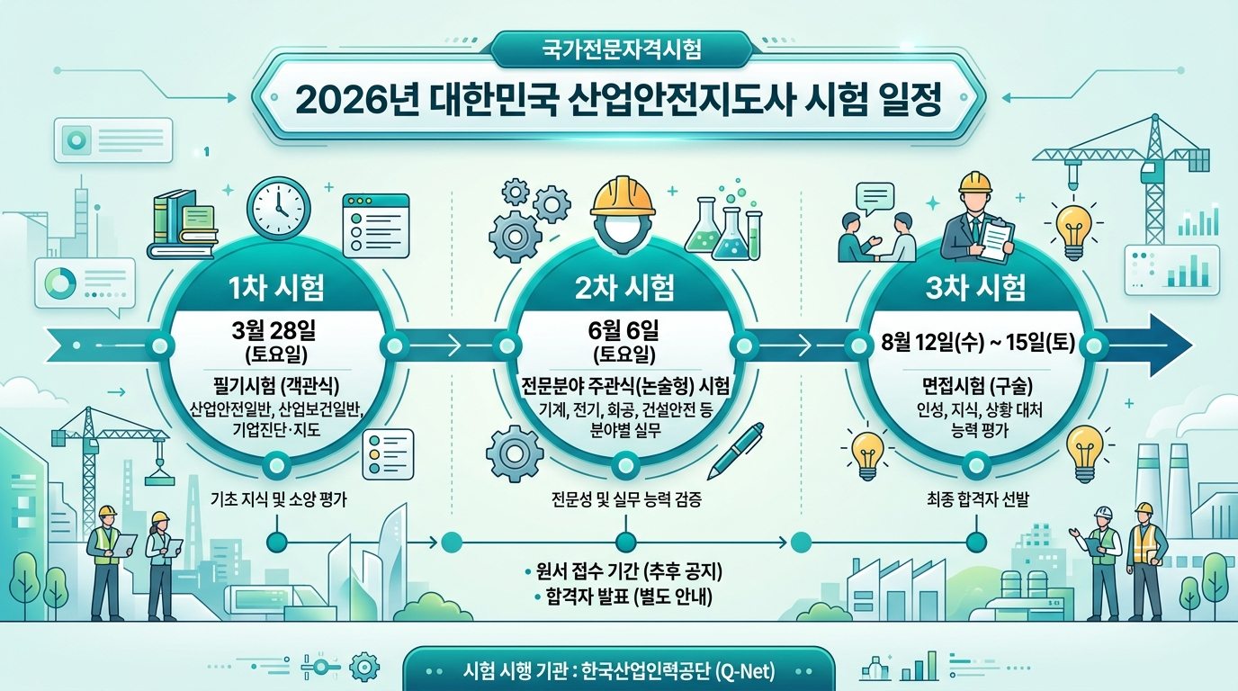 2026년 제16회 산업안전지도사 시험 일정 완전 정리 &mdash; 1차~3차 공식 일정 인포그래픽