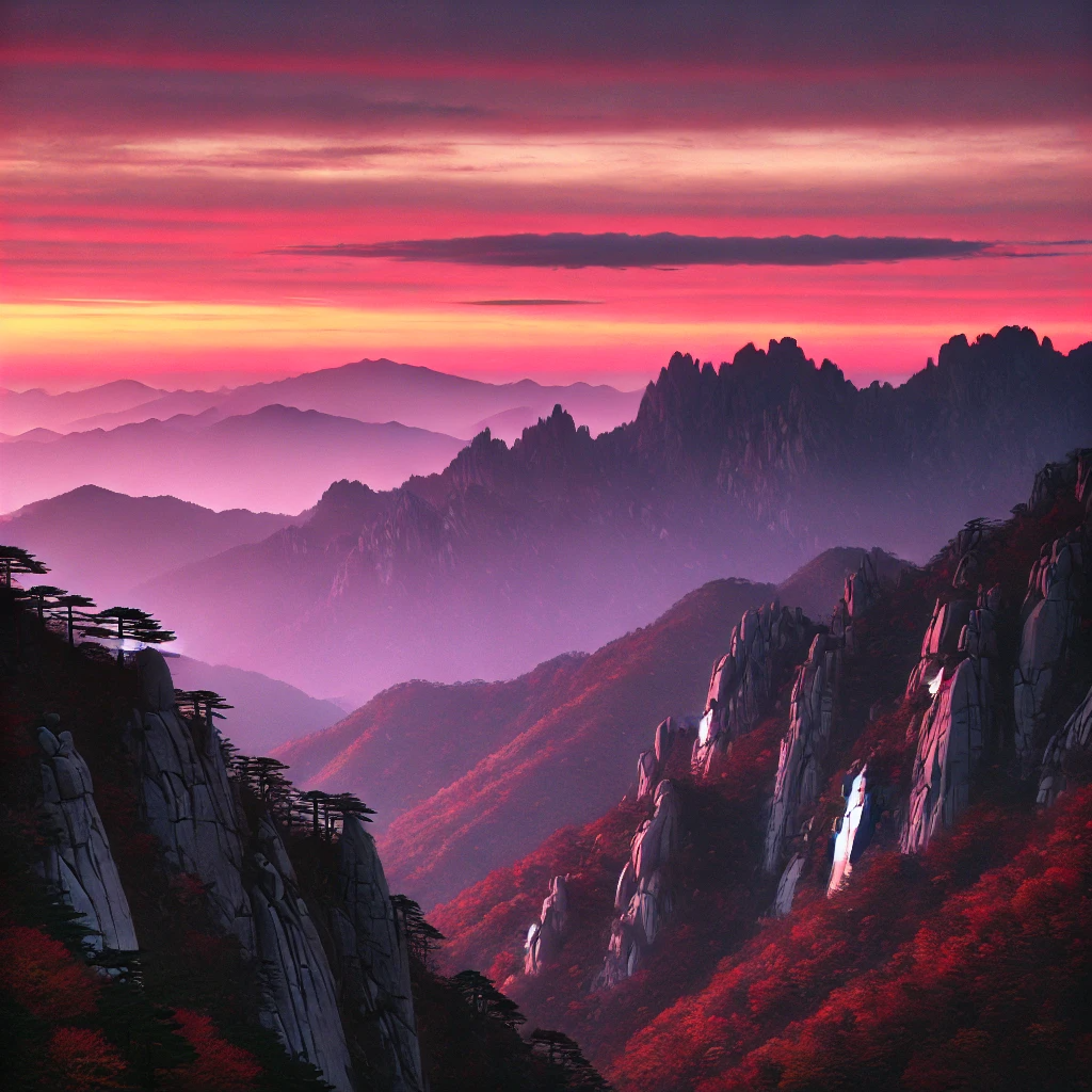 설악산의 유명한 산맥이 해질녘 하늘을 배경으로 실루엣을 이루고&amp;#44; 분홍빛과 보랏빛으로 물든 하늘과 가을 단풍이 따스한 빛을 내는 모습.