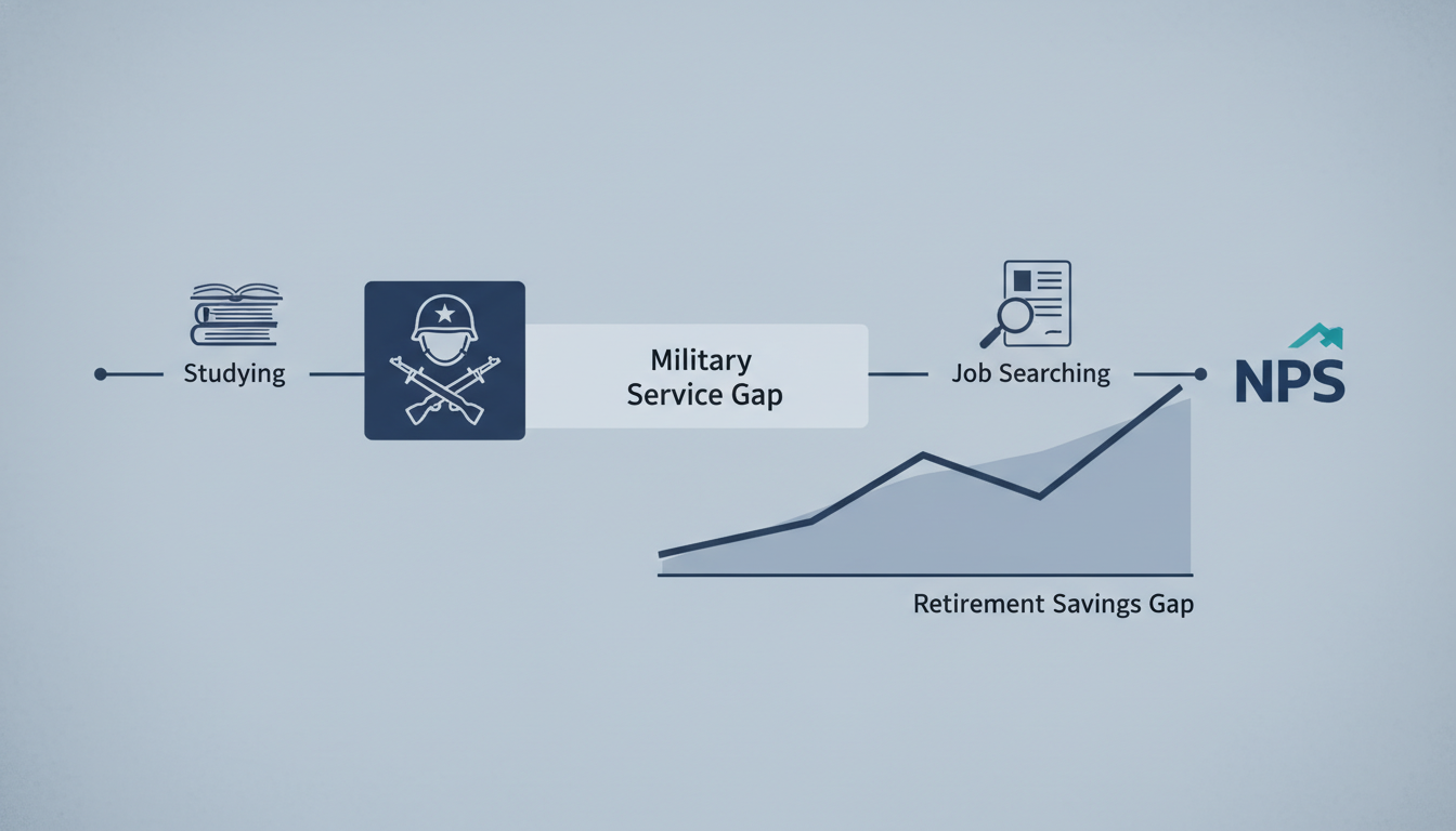 청년들의 군 복무, 대학 재학, 취업 준비로 인해 국민연금 가입 기간에 공백이 생기는 모습을 시각적으로 보여주는 일러스트.