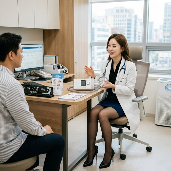 수면무호흡증 양압기에 대해 상담을 해주고 있는 모습