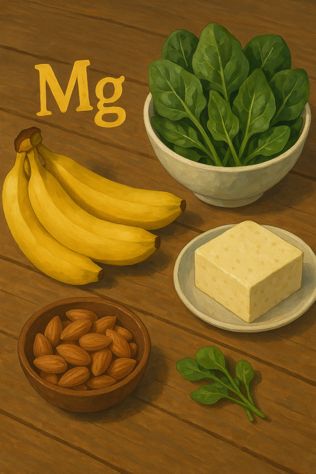 “마그네슘이 풍부한 음식들: 바나나, 아몬드, 시금치, 두부”