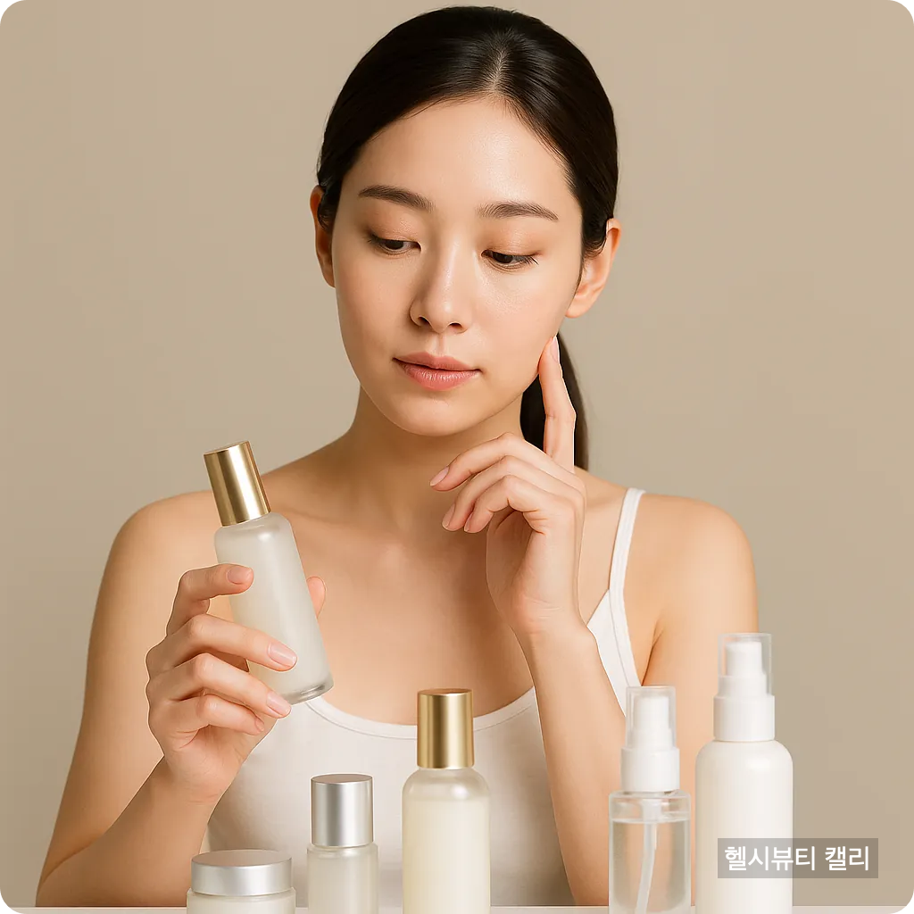 다양한 기초화장품 앞에서 제품을 고르는 여성