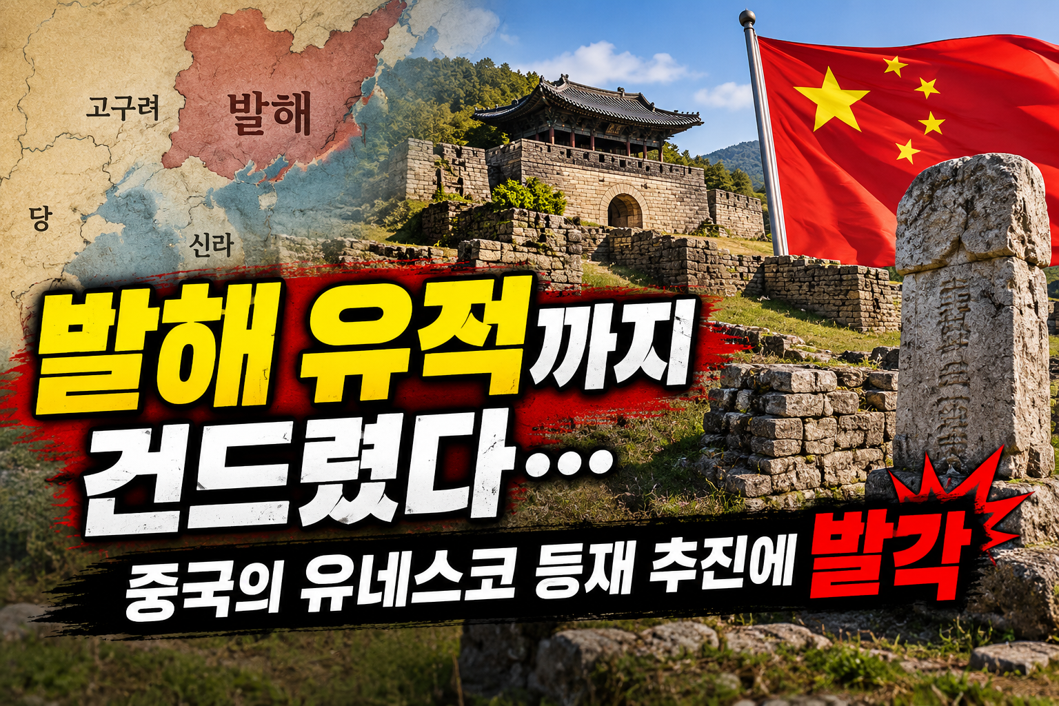 중국의 발해 유적 유네스코 세계유산 등재 추진 논란을 표현한 발해 고대 성터와 역사 지도, 중국 국기 이미지