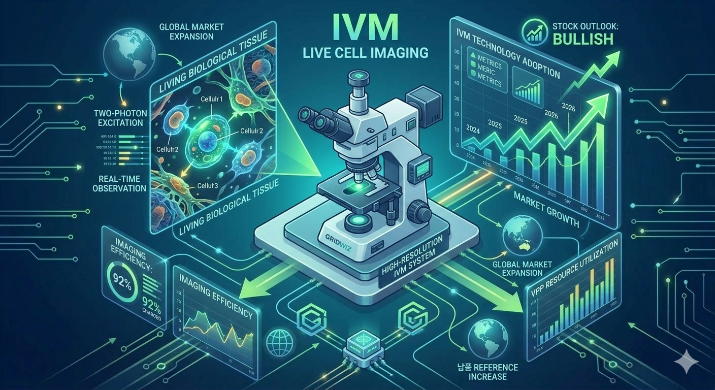 아이빔테크놀로지의 이광자 생체 현미경(IVM) 장비가 살아있는 세포를 관찰하는 모습과 우상향하는 주가 그래프가 결합된 분석 이미지