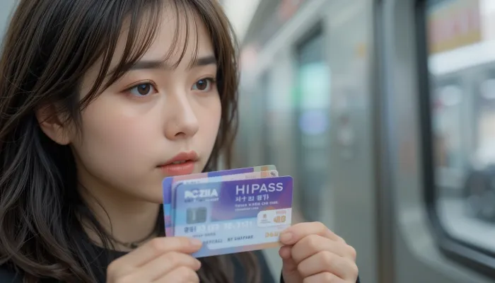 고속도로 통행료 조회 중 하이패스 카드를 들고 확인하는 여성의 모습