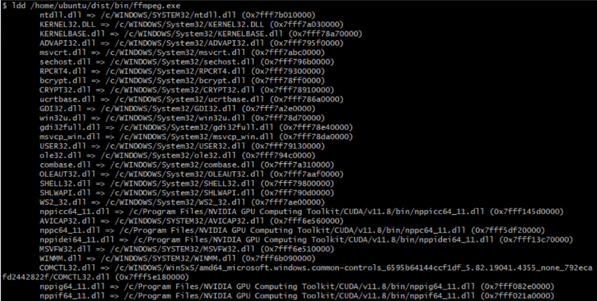 ldd /home/ubuntu/dist/bin/ffmpeg.exe 실행 결과 화면 예시