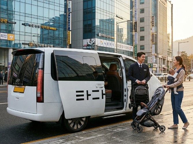 서울엄마아빠택시 신규 운영사인 타다와 파파 대형 승합차 이용 장면