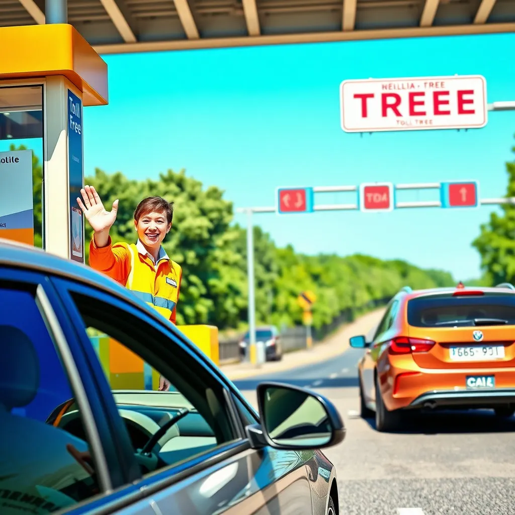 톨게이트 부스에서 웃으며 손을 흔드는 직원과, 그 옆을 지나며 감사 표시를 하는 운전자의 모습으로 따뜻하고 긍정적인 상호작용을 담아낼 수 있습니다.
