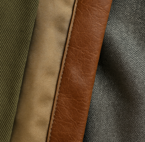 카키, 베이지, 가죽, 짙은 그레이 천이 나란히 배열된 클로즈업, 질감과 색감의 차이가 선명하게 드러남
