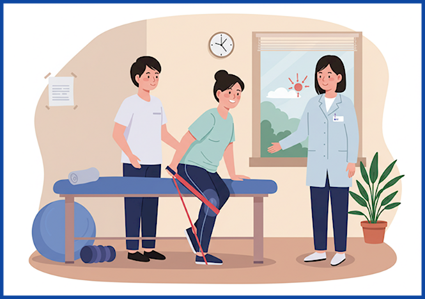 환자가 물리치료사와 함께 밝은 재활실에서 저항 밴드로 무릎 강화 운동을 하며 건강하게 회복하고 있는 긍정적인 모습의 벡터 일러스트.