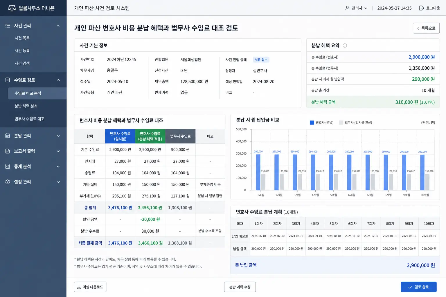 개인 파산 변호사 비용 분납 혜택과 법무사 수임료 대조 전산 내역을 검토하는 화면