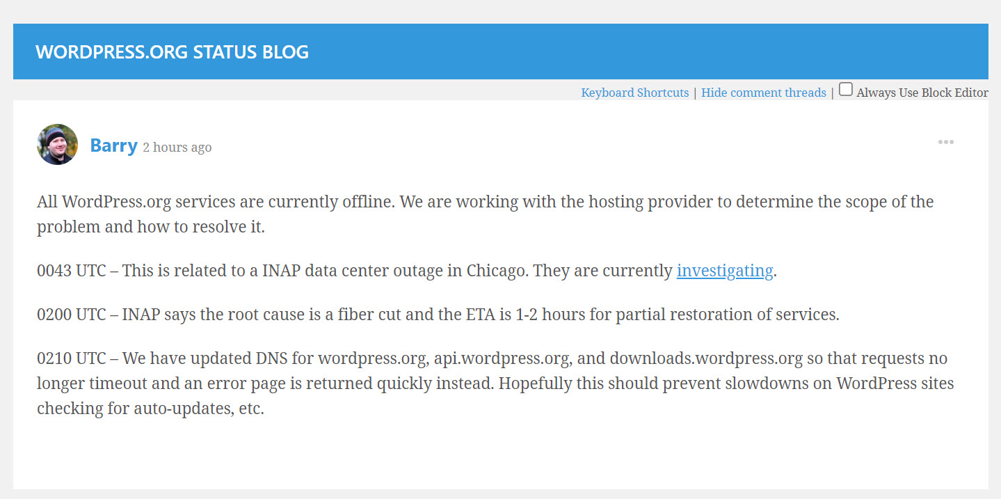 워드프레스(WordPress.org) 사이트 접속 장애