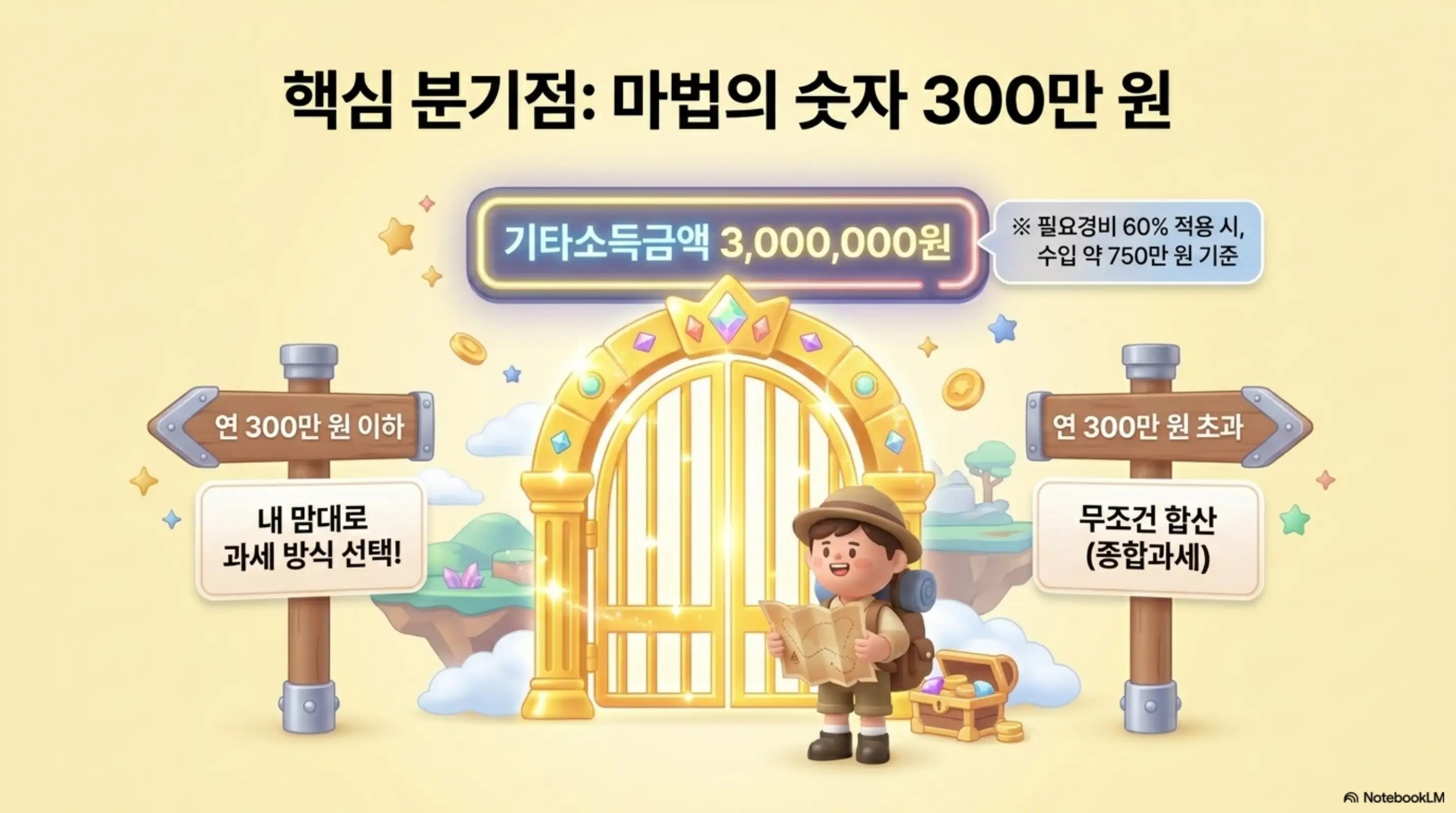 기타소득금액 300만 원을 기준으로 왼쪽은 내 맘대로 과세 방식 선택 오른쪽은 무조건 종합과세로 갈라지는 분기점을 보여주는 인포그래픽 이미지. 이 이미지는 기타소득금액 연간 합계 300만 원이 분리과세와 종합과세 선택의 핵심 기준이라는 정보를 시각적으로 전달하며&amp;#44; 블로그의 기타소득 분리과세 300만 원 기준과 관련된 내용을 설명함