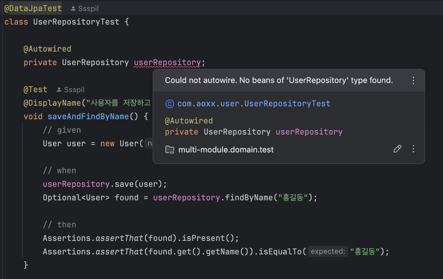 Could not autowire. No beans of 'UserRepository' type found 발생