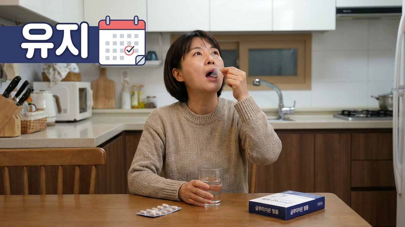 여성이 집에서 필름형 글루타치온을 입천장에 붙이거나 알약을 먹는 모습