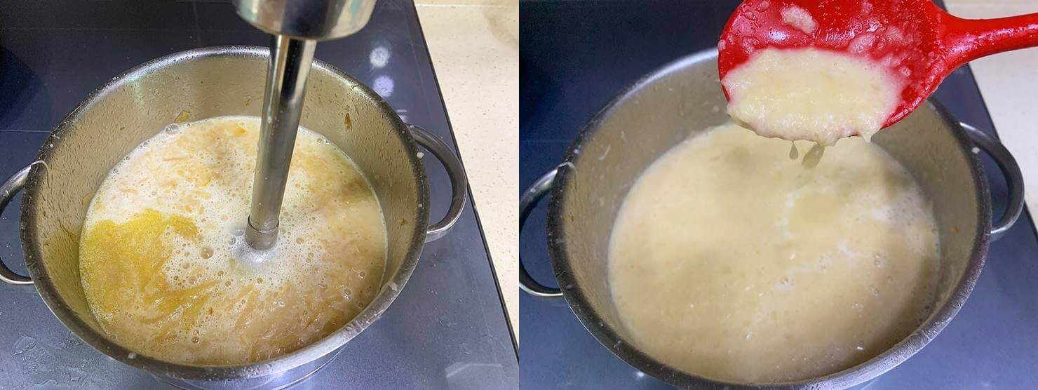 왼쪽 사진에는 냄비에 볶아진 양파와 물이 담겨져 있고 핸드믹서로 갈고 있다.
오른쪽 사진에는 간 양파가 냄비에 담겨져 있고 빨간 주걱이 간양파를 뜨고 있다.