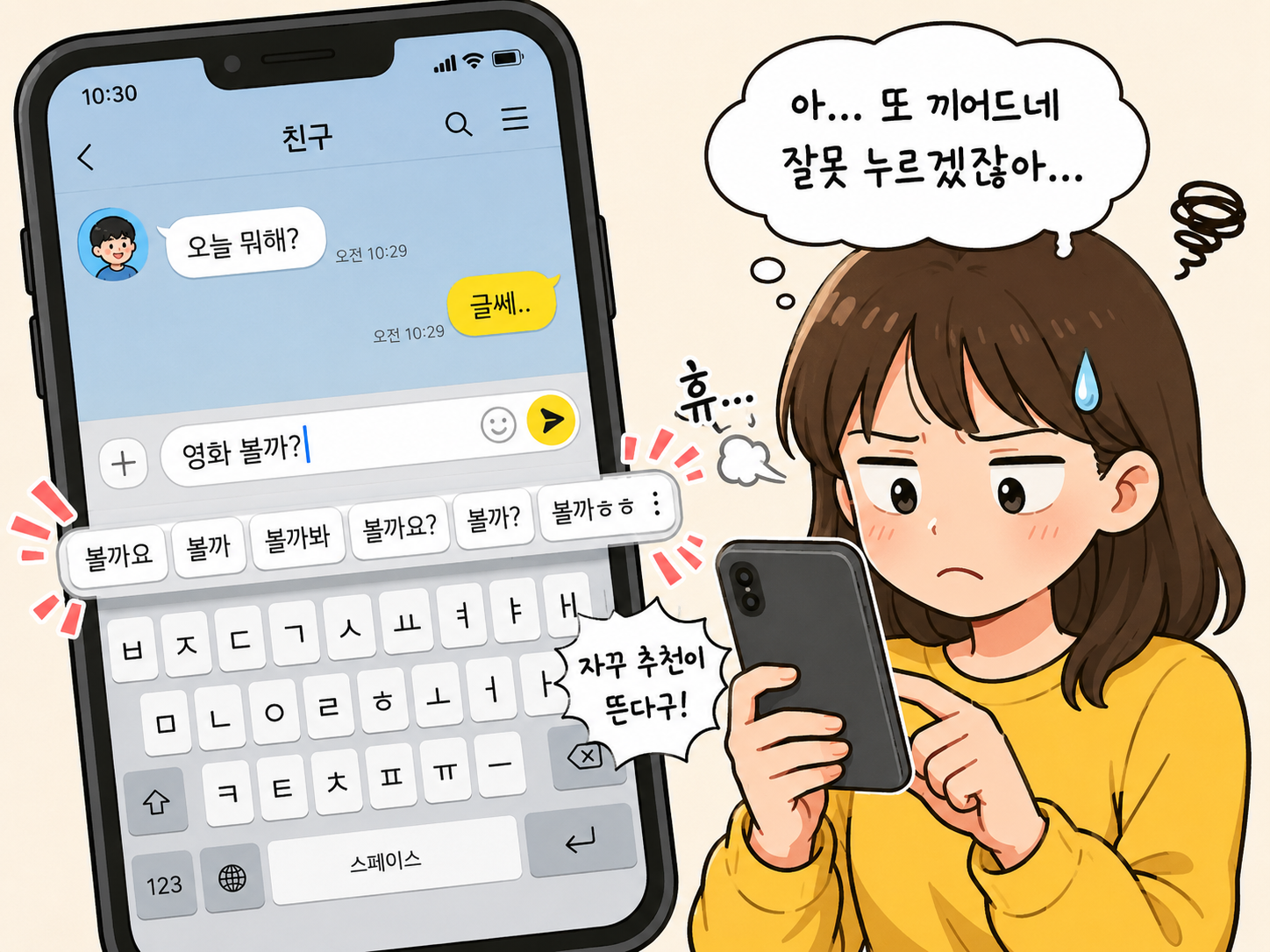 카카오톡 대화 중 자동완성 추천 단어가 계속 떠서 불편해하는 사람의 모습