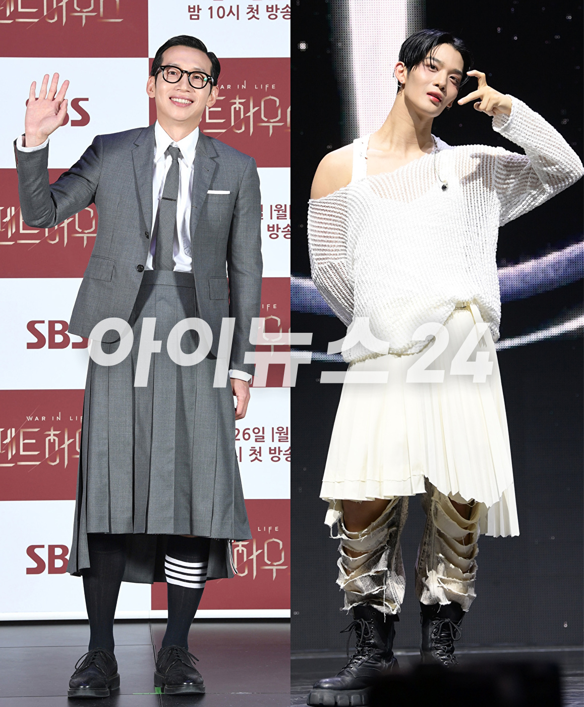 '치마 입는 남자' 배우 봉태규(왼쪽)와 그룹 CIX 배진영이 아코디언 주름 치마를 입고 '젠더리스 패션'을 뽐내고 있다. [사진=정소희 기자]