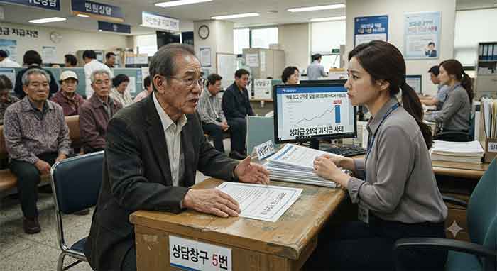 국민연금 상담 창구에서 민원인을 응대하는 직원.
