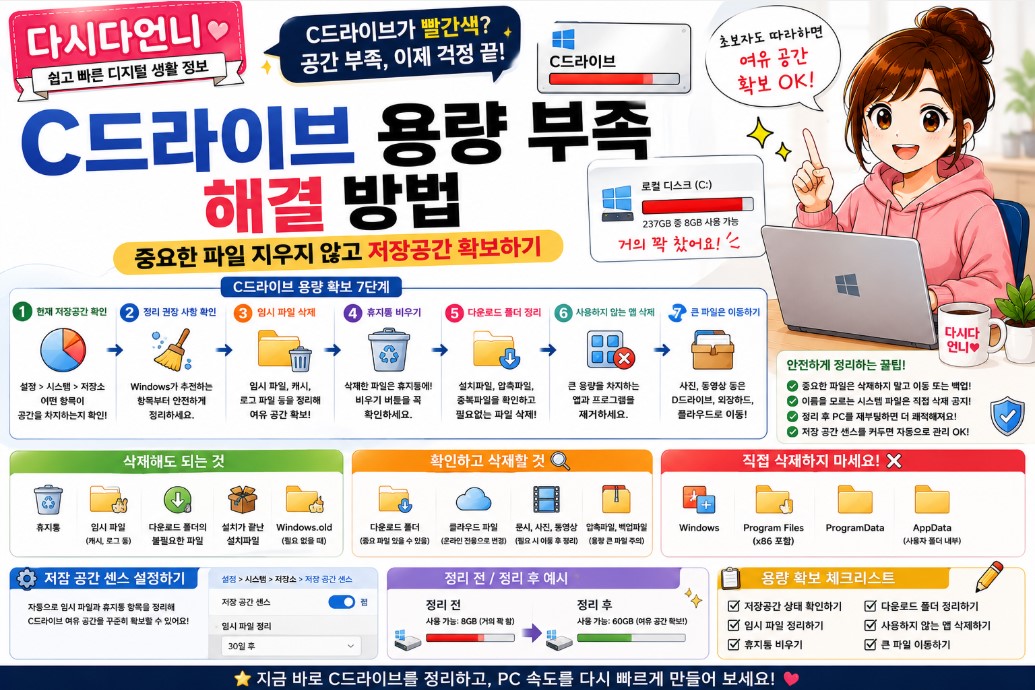 C드라이브 용량 부족 해결 방법｜중요한 파일 지우지 않고 저장공간 확보하기