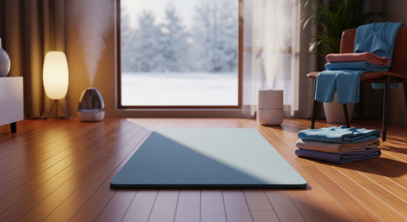 눈 내리는 창밖 풍경이 보이는 따뜻한 거실에 요가 매트가 깔려 있는 겨울 홈트레이닝 준비 모습