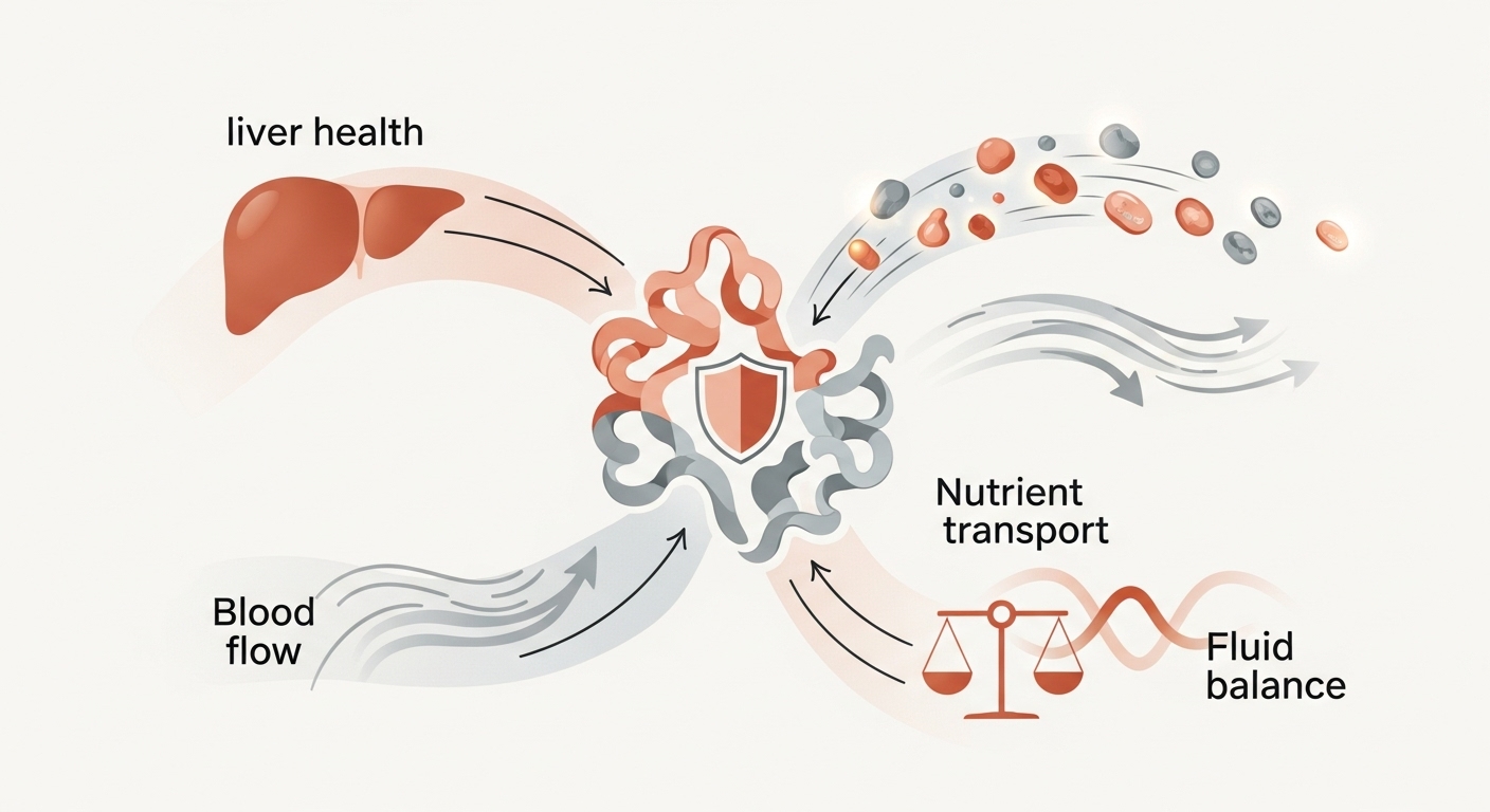간 건강, 면역력, 체액 균형 등 알부민의 다양한 핵심 기능을 나타내는 추상적인 이미지