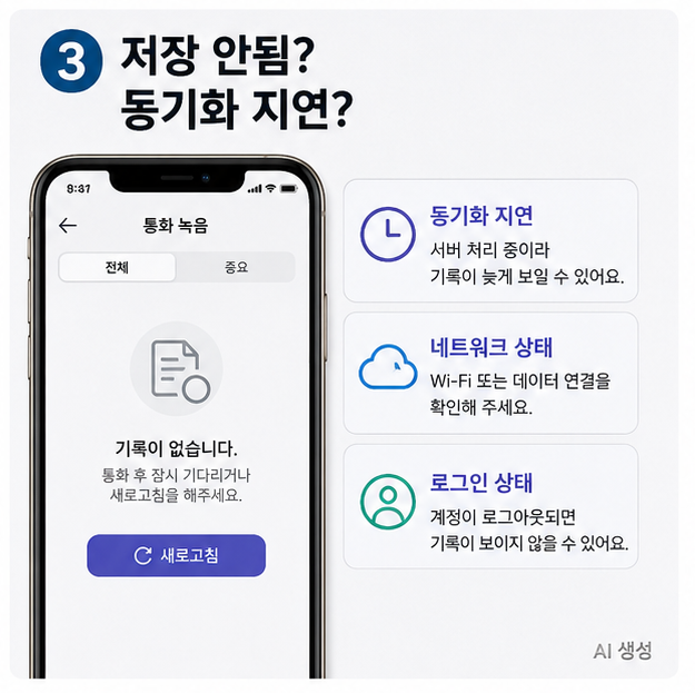 아이폰 자동 통화녹음의 정상 저장 상태와 오류 상태를 비교하는 이미지