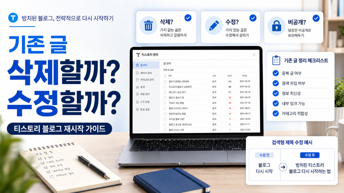 방치된 티스토리 블로그 기존 글을 삭제할지 수정할지 판단하는 방법을 설명하는 썸네일 이미지
