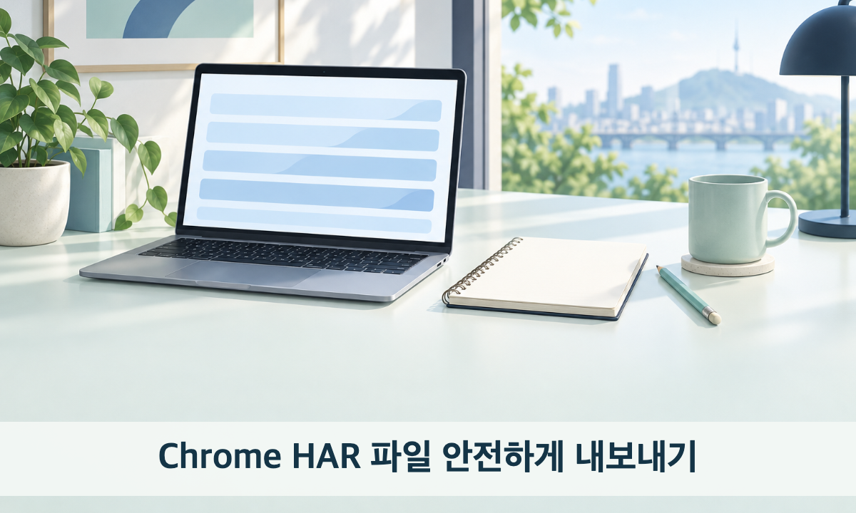 네트워크 요청을 기록하는 노트북과 메모장이 있는 Chrome HAR 안내 삽화