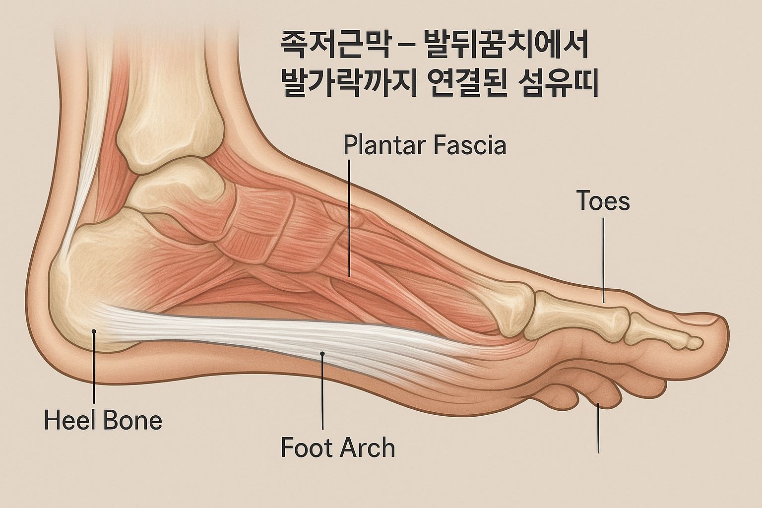 인간 발의 해부학적 구조를 보여주는 일러스트. 족저근막이 발뒤꿈치 뼈(종골)에서 발가락까지 두껍게 뻗어 있는 모습이 강조되어 있으며, 한국어로 '족저근막', '발뒤꿈치', '발가락', '발바닥 아치' 등이 라벨링되어 있음. 의학적 교육을 위한 고해상도 이미지.