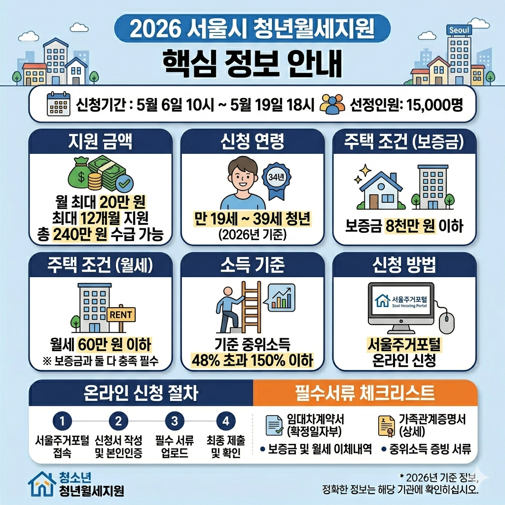 서울시 청년월세지원 2026 신청방법, 자격조건, 지원금 인포그래픽