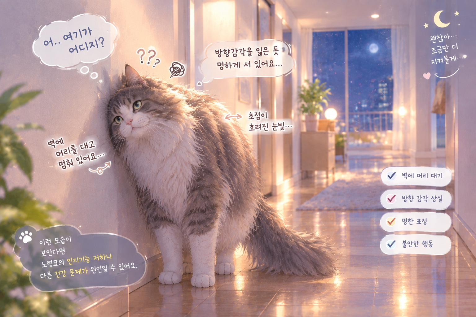 밤중에 방향 감각을 잃고 벽 구석에 서 있는 노령묘 고양이