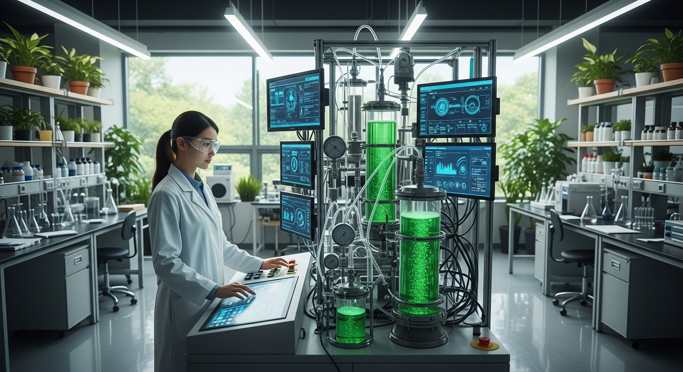 operating a futuristic carbon capture storage machine made of transparent tubes and digital screens