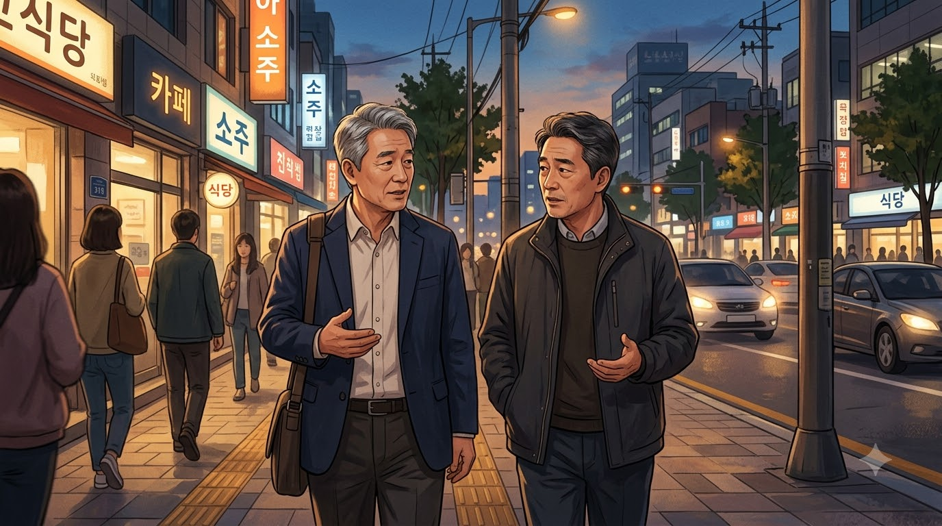 퇴근길 회사 앞 거리를 나란히 걸으며 노후 이야기를 나누는 50대 두 직장인