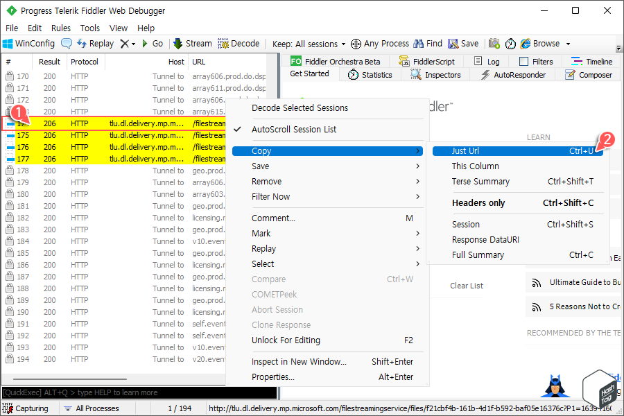 강조 표시된 세션 URL 복사
