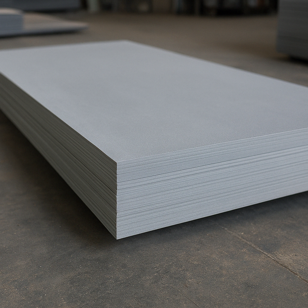 Close-up photo of a rigid PVC sheet used in industrial applications, showing flat surface texture and rectangular cut