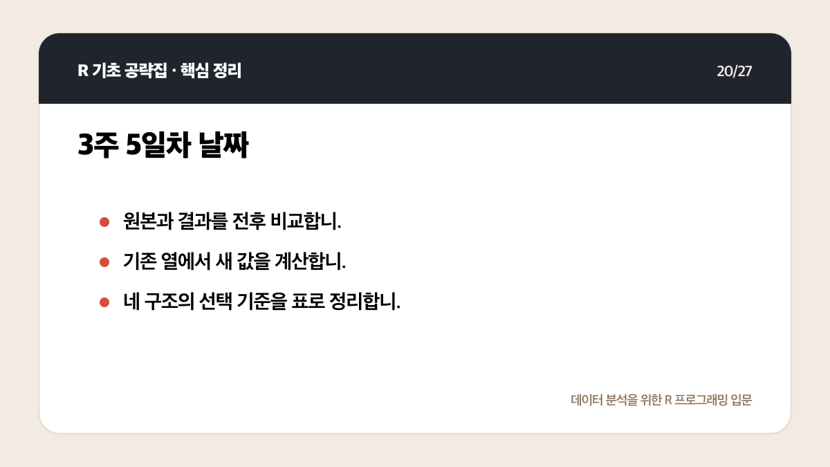 R 무료 강의 독학 계획: 4주 동안 코드가 남는 공부법 핵심 정리 20