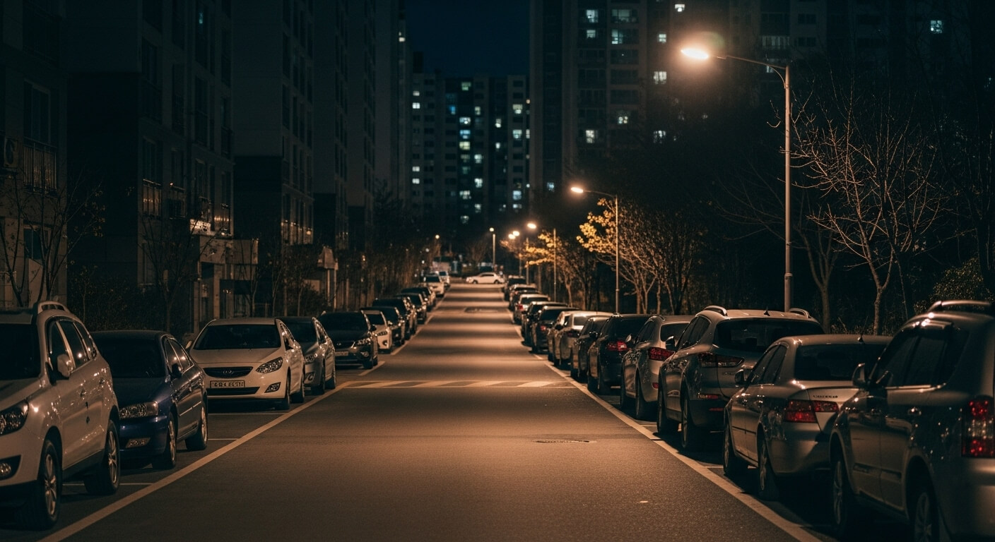 아파트 단지 야간 도로에 길게 주차된 차량들