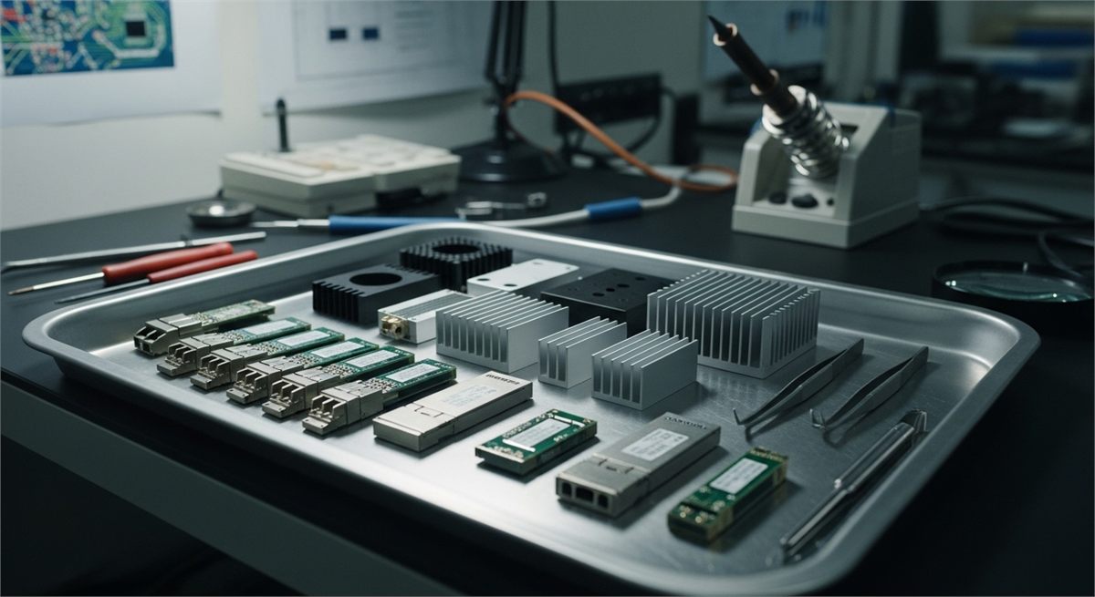 광모듈 개발용 부품과 도구를 정리한 장면 