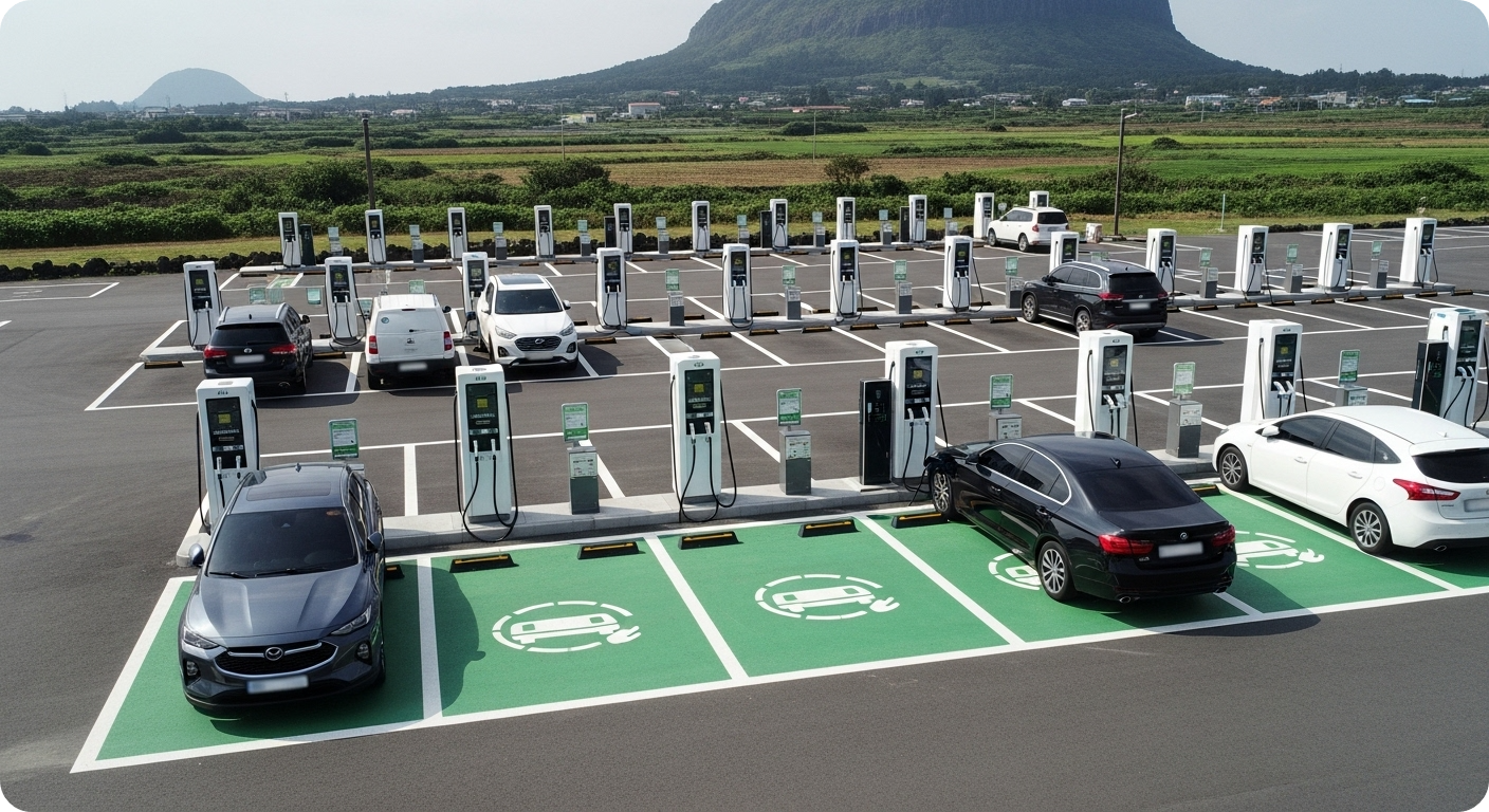 제주도의 넓은 공영 주차장에 설치된 다수의 전기차 충전소. 여러 대의 전기차가 충전 중이며, 제주의 자연경관이 배경에 펼쳐져 있습니다.